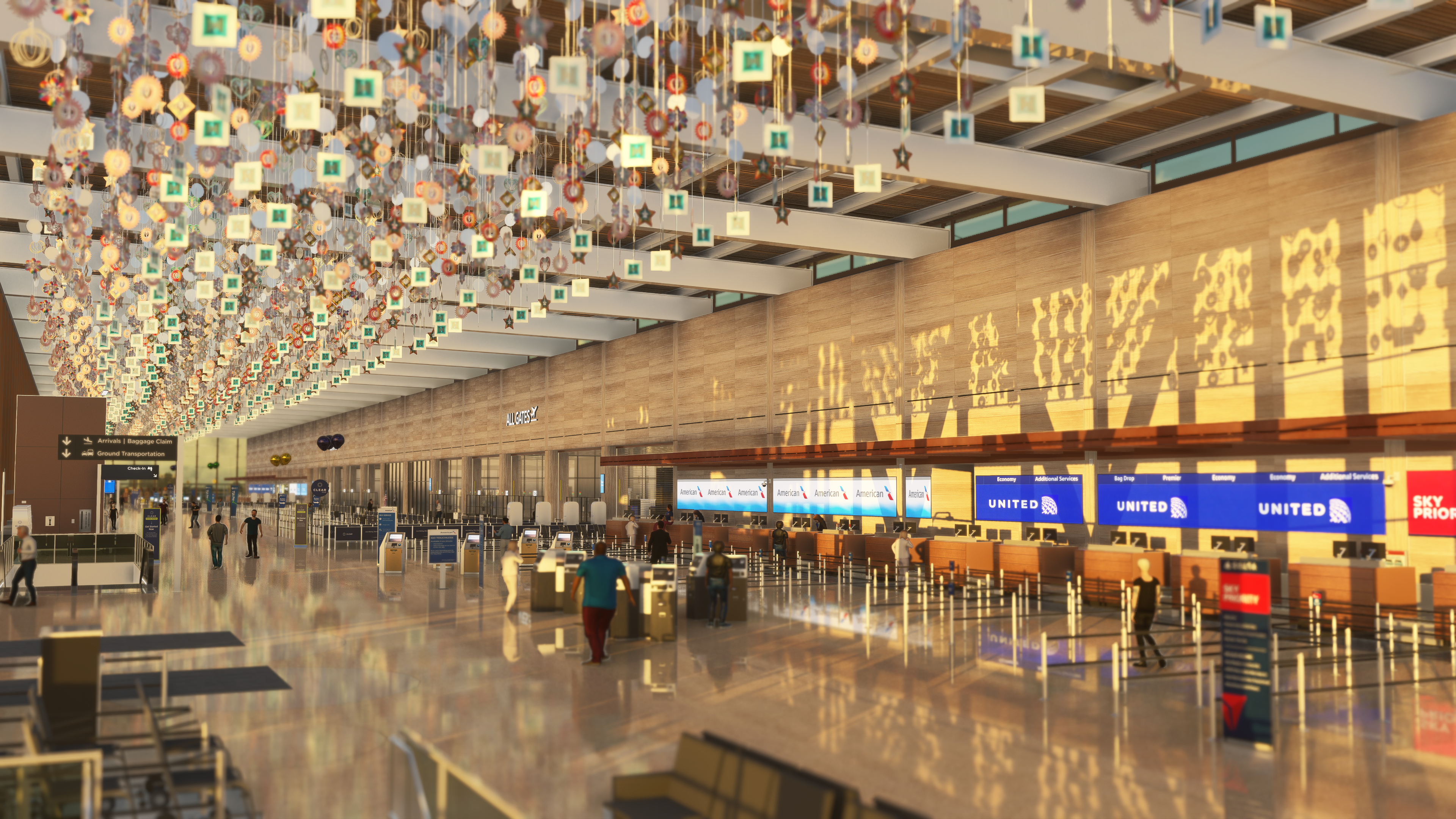 Kansas City International Airport terminal interior with decorative elements hanging from the ceiling and check-in counters