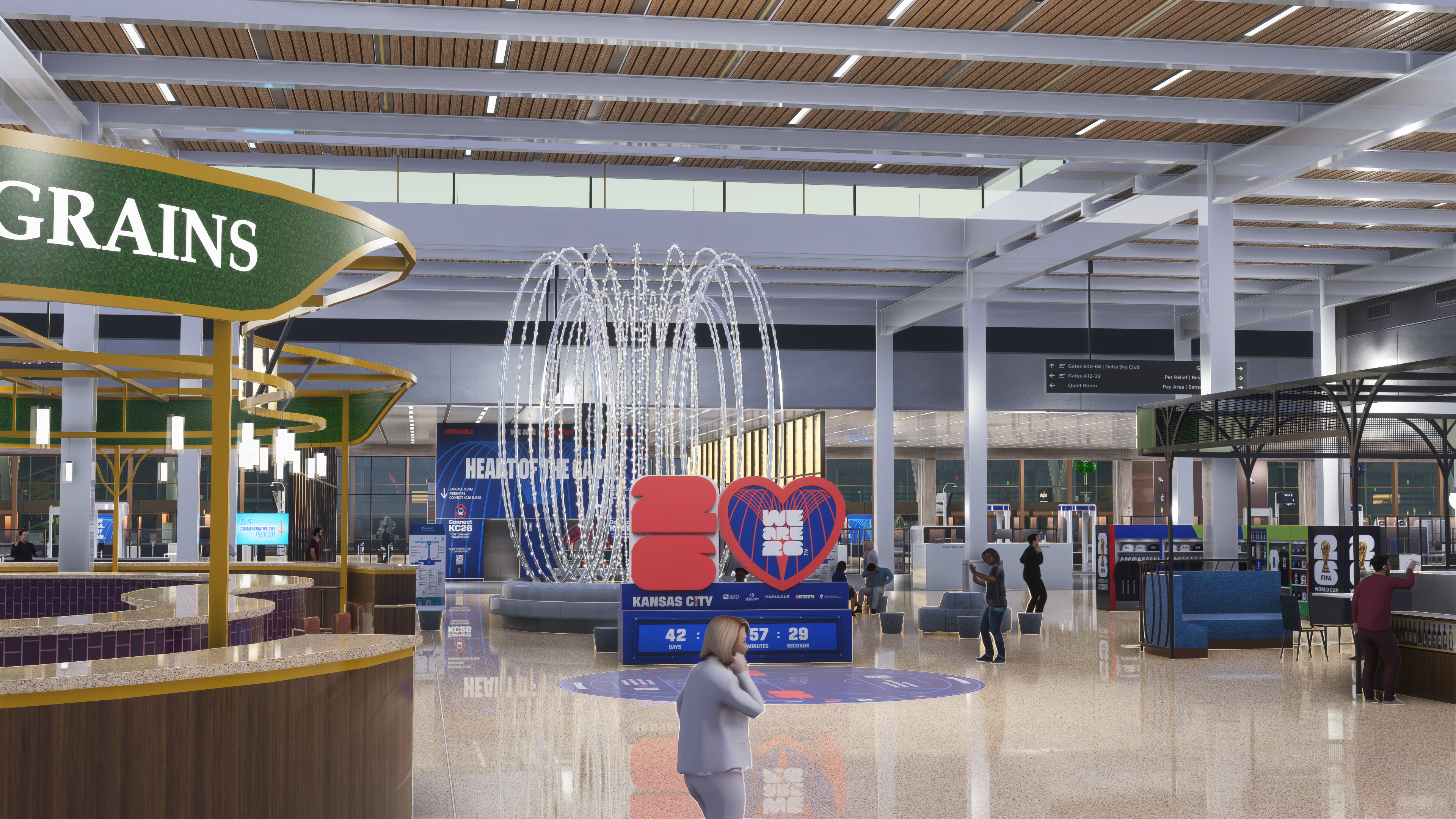 Kansas City International Airport terminal interior with FIFA World Cup 2026 décor and a large fountain sculpture